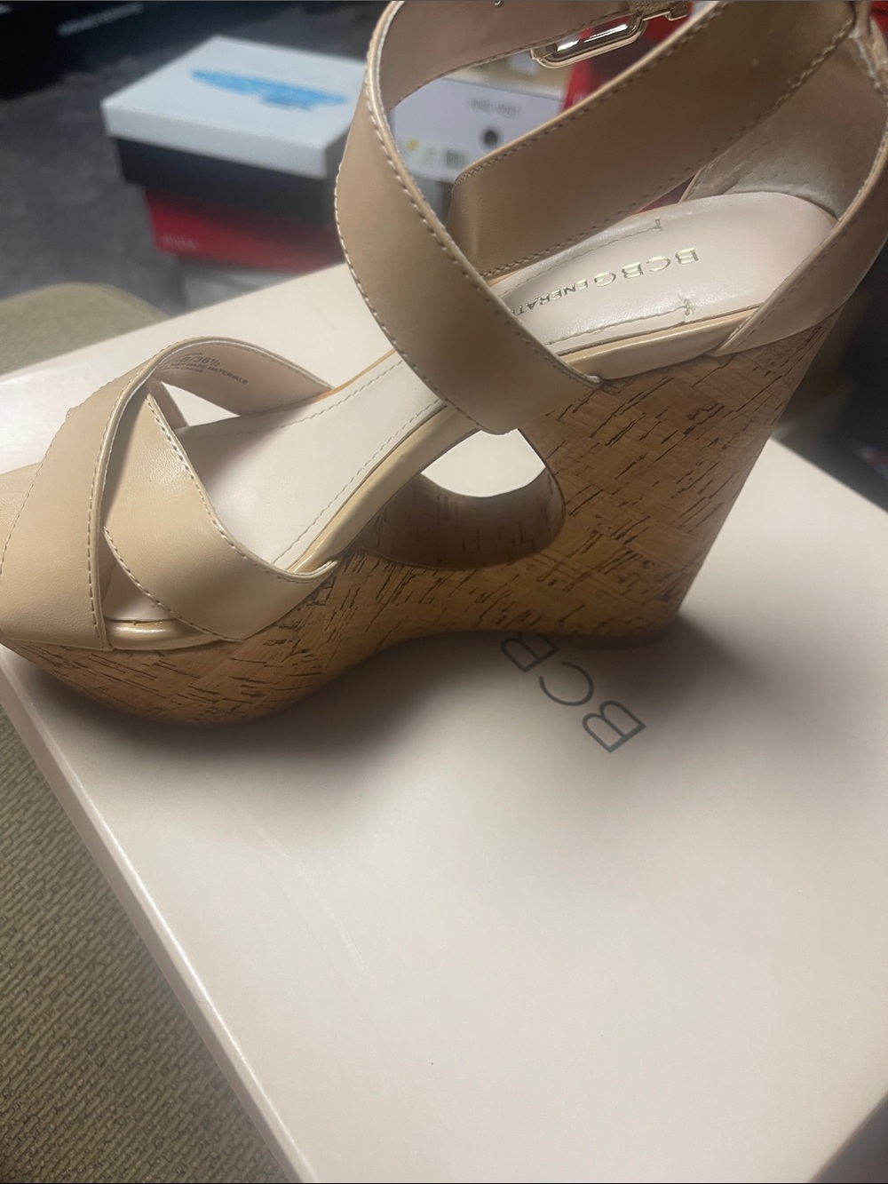 BCBGeneration Beige Cork Platform Wedge Sandals